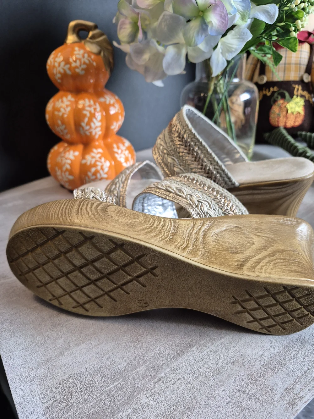 Woven Metallic Neutral Wedge Sandals - Women. Size 8